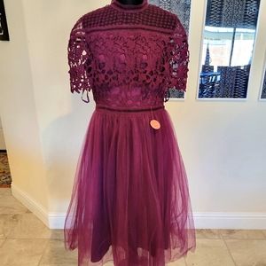 Chi Chi London 2 in 1 lace top midi dress with tulle skirt in Deep Purple Size 8